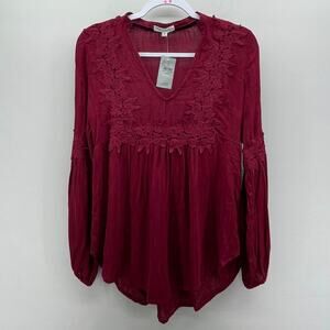 Coco + Jaimeson Burgundy V‎ Neck Appliqué Peasant Blouse Style CWB1221-BOC